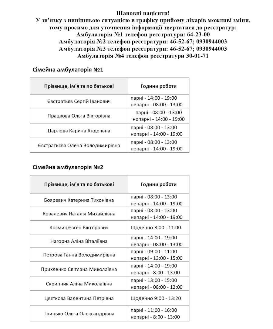 Графік прийому лікарів